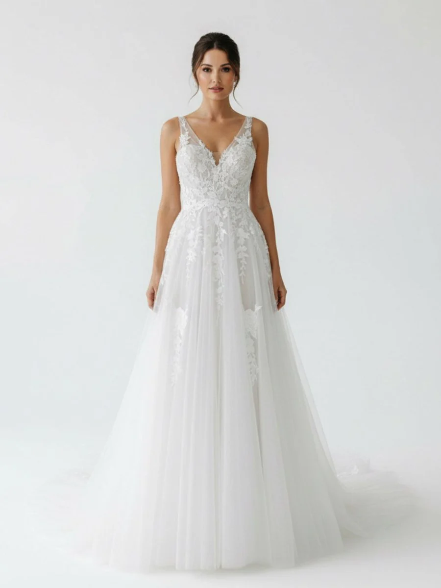 A-Line V Back Long White Wedding Dress with Lace Appliqued
