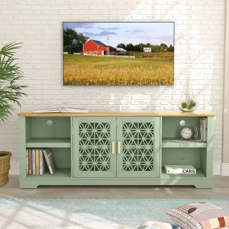TV Stand with Floral Swing Doors, Adjustable Shelf, Fits up to 82 in TV, Green / Grey, 1-Person Use