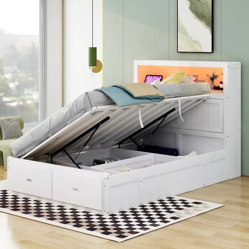 White Full Size Bed with LED Storage Headboard, Charging Station & 2 Drawers