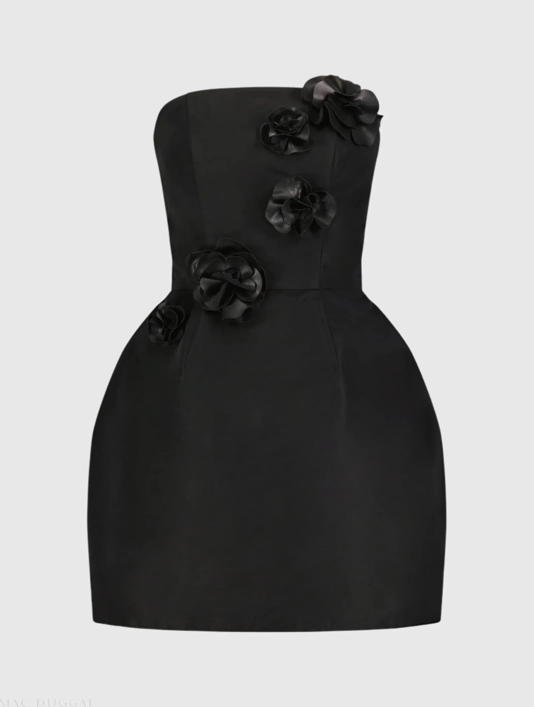 Black Faille Strapless Mini Dress With 3D Flower Details