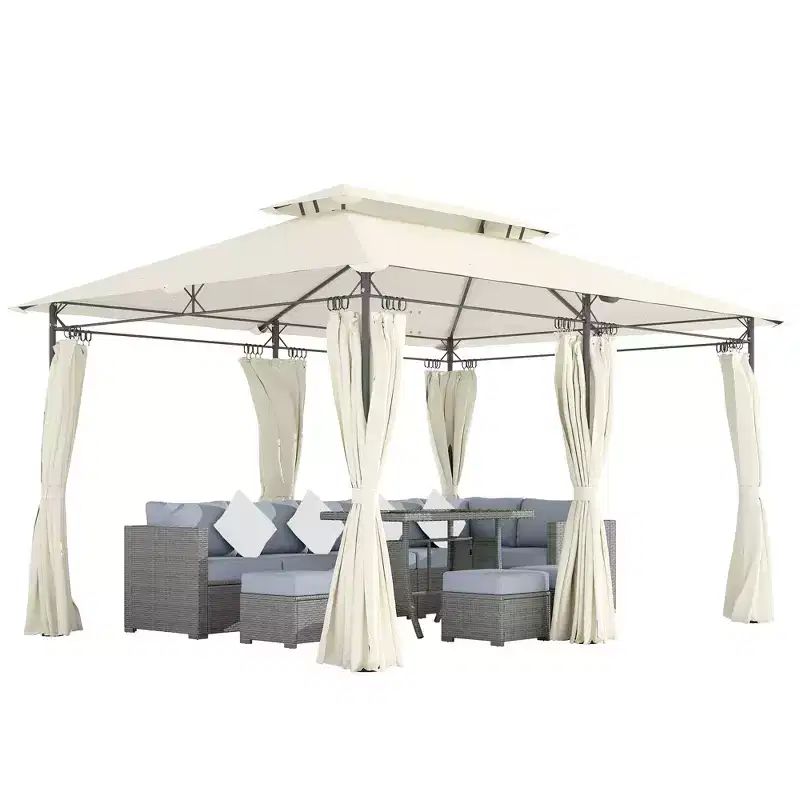 Outsunny 10' x 13' Patio Gazebo, Double Roof Outdoor Gazebo with Curtains and Metal Frame for Garden, Lawn, Backyard and Deck