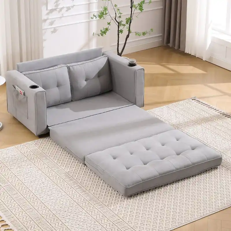 Oaks Aura Upholstered Futon Sofa with Pull-Out Sleeper Couch, Muticolour Choice Foldable Tufted Loveseat With Cup Holder