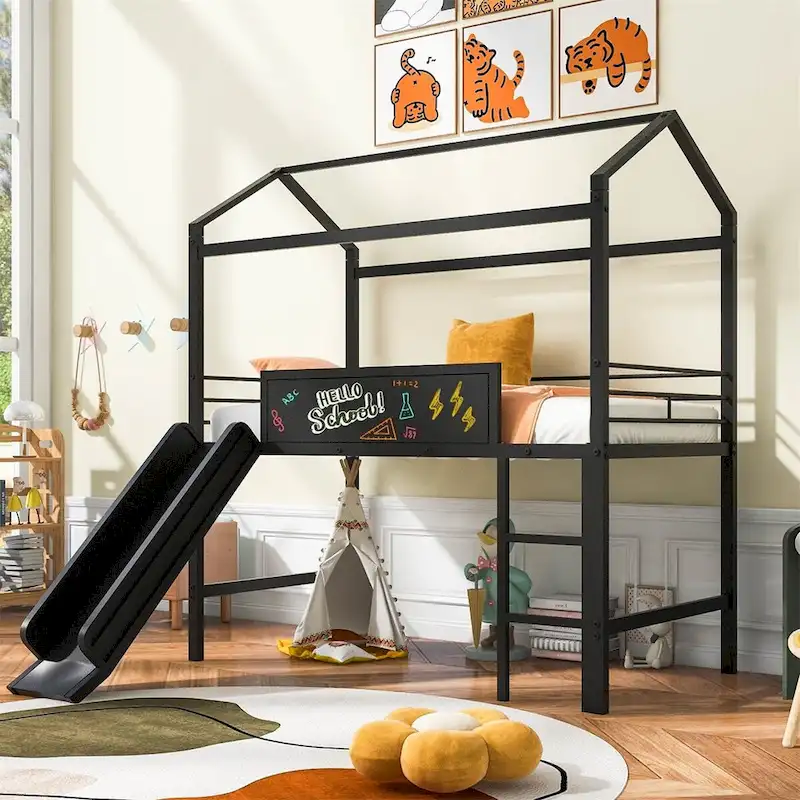 Merax Metal Twin House Loft Bed with Two-sided writable Wooden Board, Slide