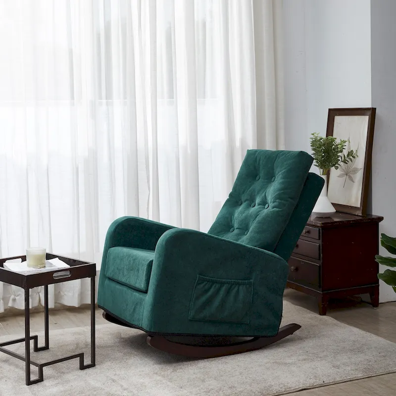 Antique Green / Antique Gray High-Back Button-Tufted Upholstered Rocking Chair with Solid Wood Legs & Side Pocket – 1-Seater