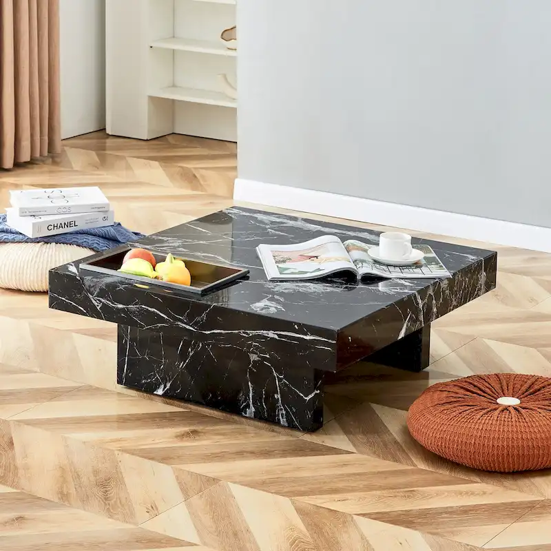 Black / White Square Coffee Table with Storage Slot — MDF, Seats 4