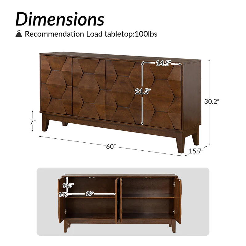 60 in 4-Door Sideboard with Soft-Close Doors, 2 Adjustable Shelves & Solid Wood Legs | Walnut / White / Black / Seadrift | Single