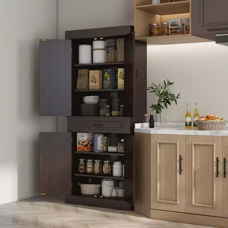 71 Freestanding Kitchen Pantry with 4 Doors and 2 Large Cabinets, Tall Storage Cabinet with Drawer