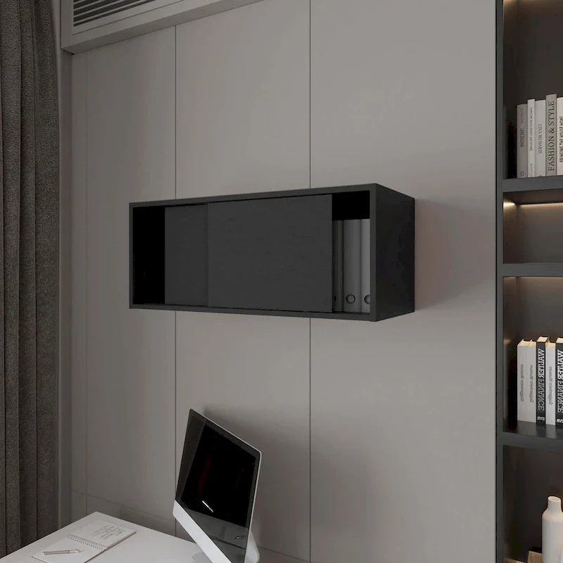 Black Floating Wall Cabinet with Sliding Door – Space-Saving Storage