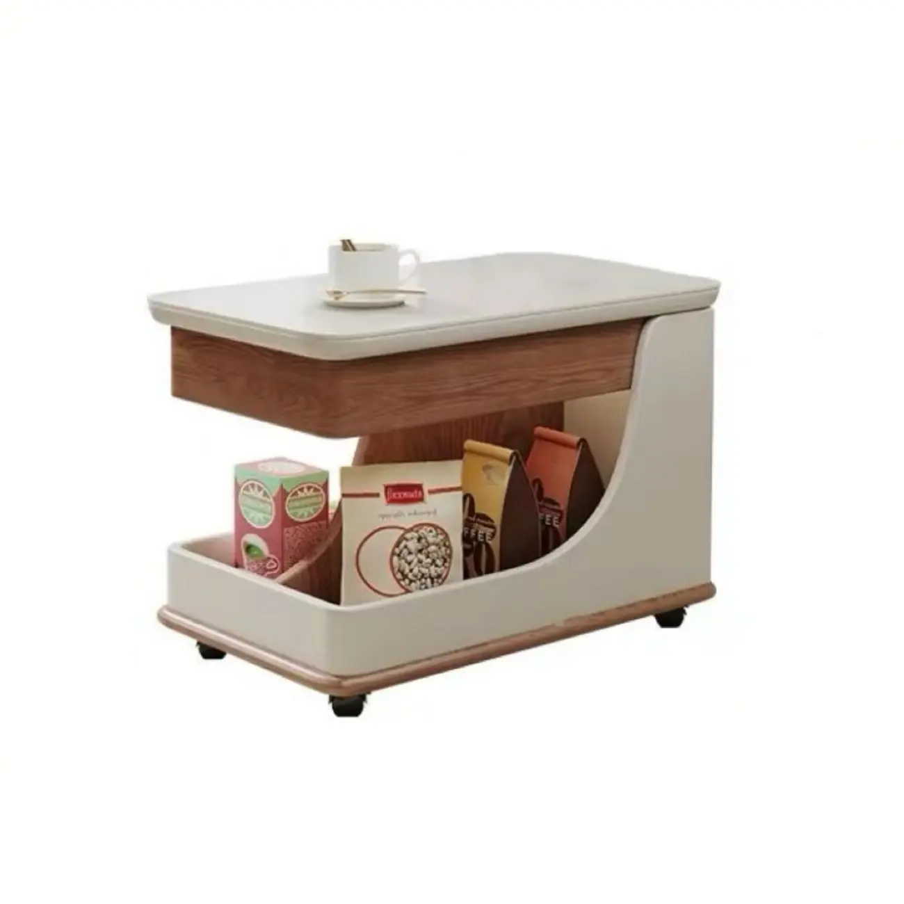 White Adjustable Top Modern Rolling Wood Side Table