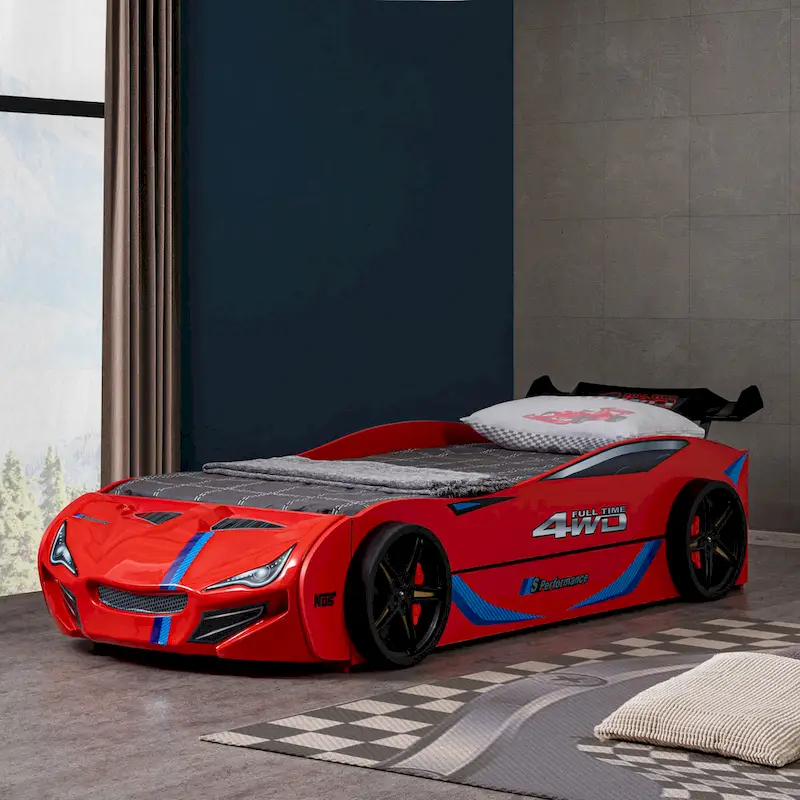 Red Race Car-Shaped Twin Bed with Pull-Out Trundle, Sleeps 2