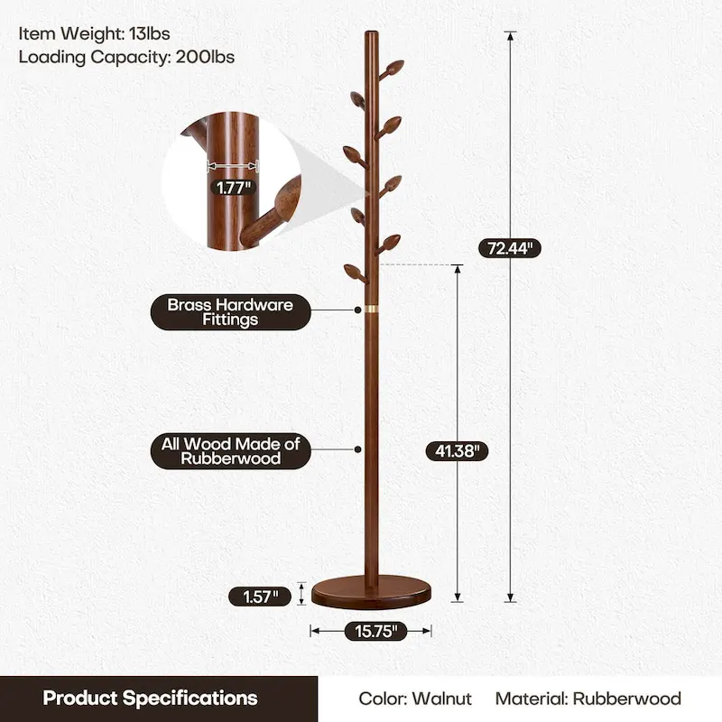 Rubberwood Freestanding Coat Rack, Coat Tree with 8 Bud-shaped Hooks - 15.75Dia. x 72.44H