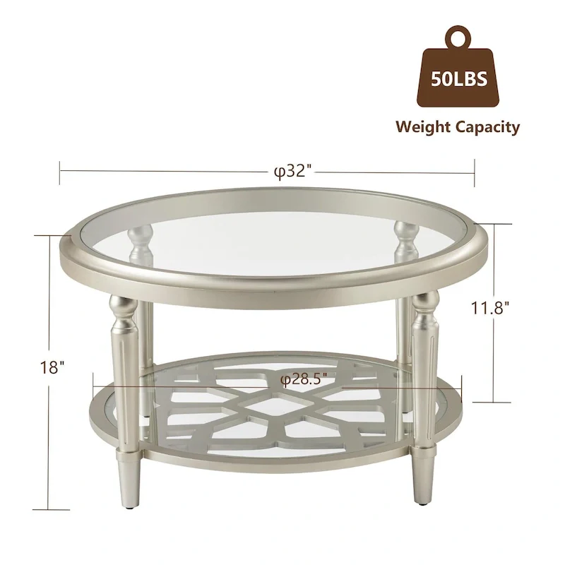 COSIEST Champagne Round Solid Wood Tempered Glass Coffee Table