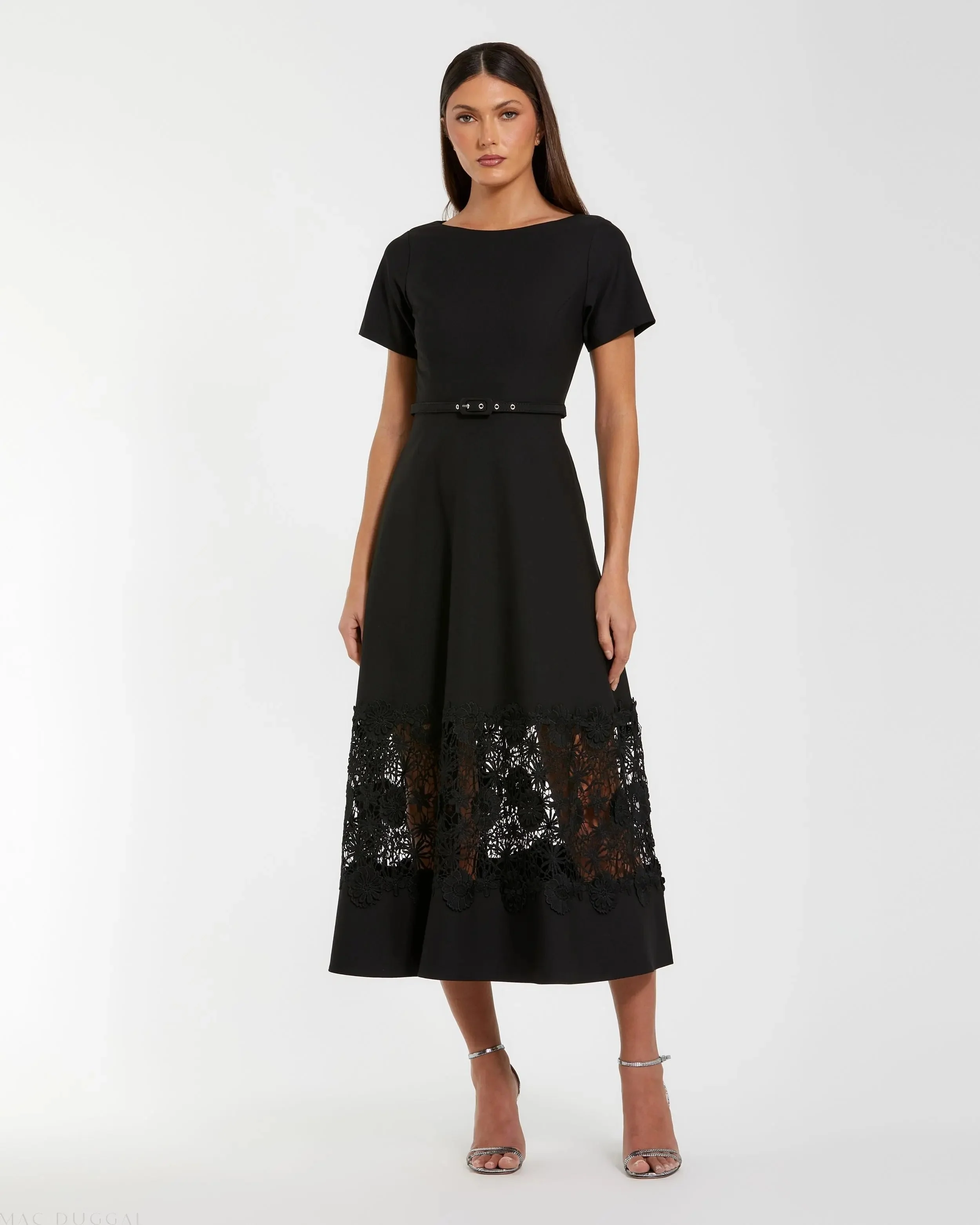 Black Crepe Boat Neck Midi Dress With Belt
