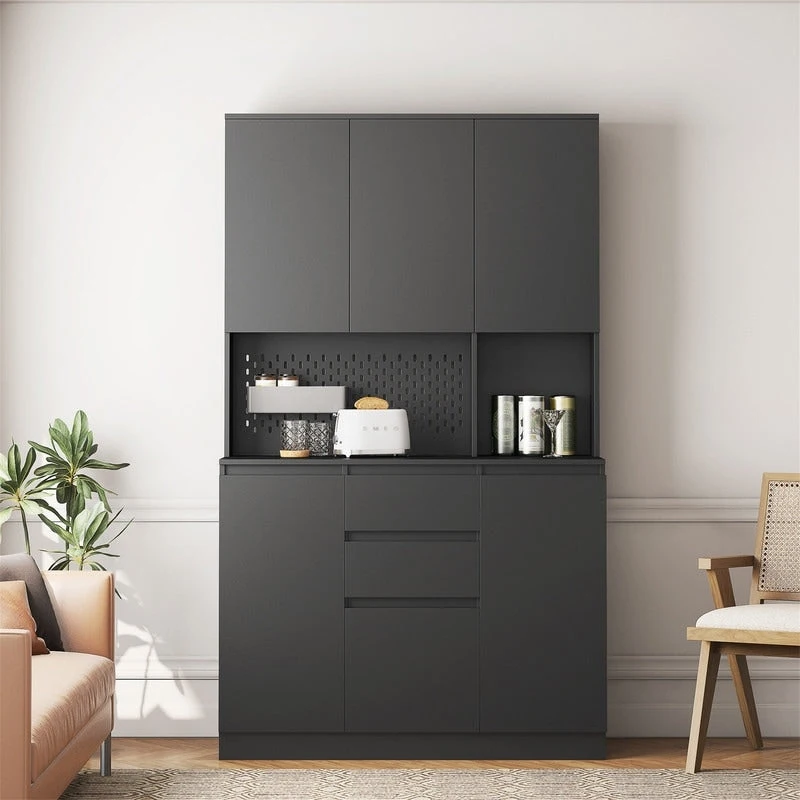 Kitchen Pantry Cabinet with Microwave Stand and 2 Drawers, Freestanding Buffet Cupboards Sideboard with Charging Station