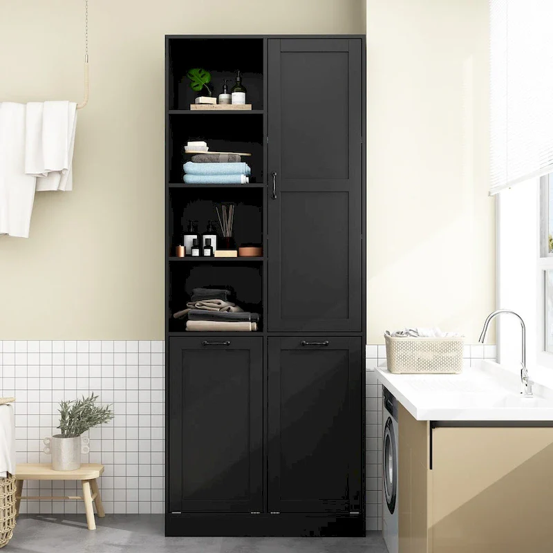 Sleek White Laundry Bathroom Cabinet with Unique Rotating Drawers