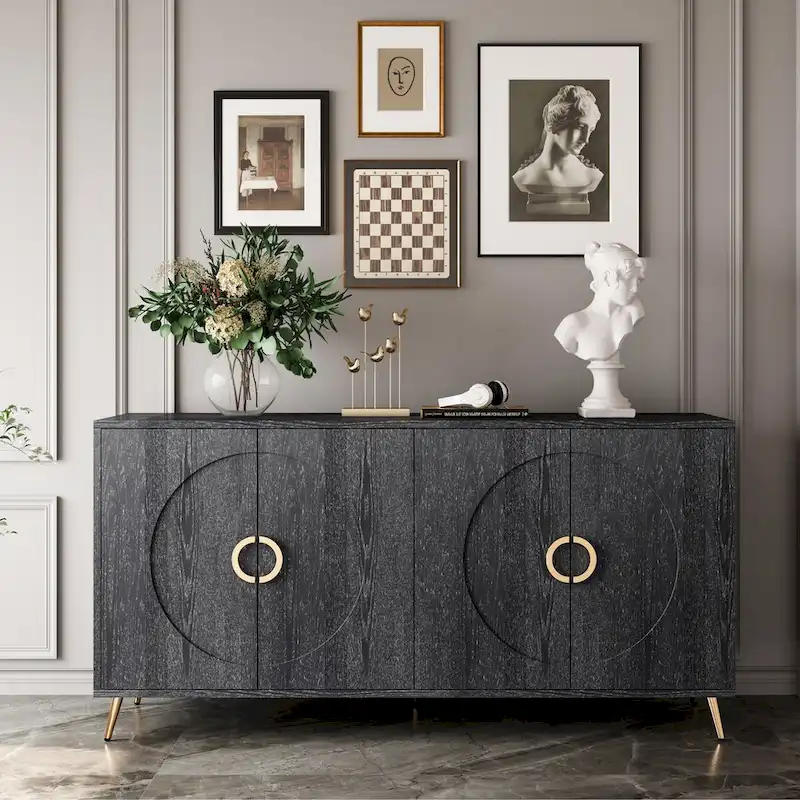 4-Door Sideboard Buffet Cabinet, Champagne / Distressed Black, 2-Tier Storage