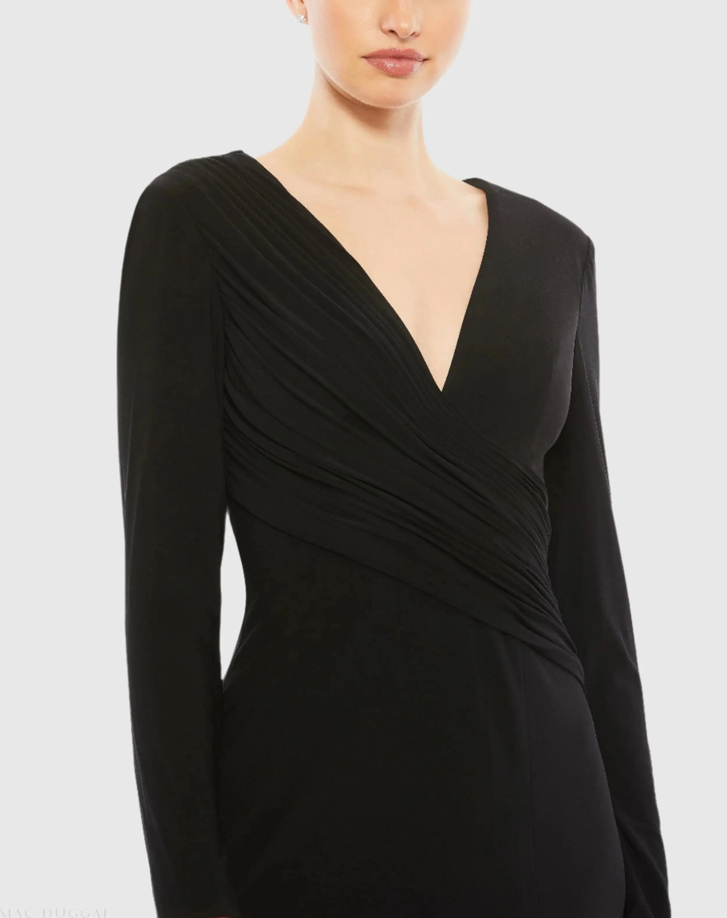 Black Jersey Long Sleeve Asymmetrical Ruched Gown