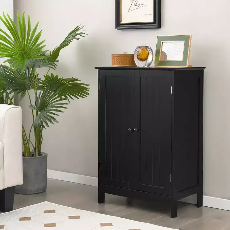 Costway Bathroom Floor Storage Cabinet Double Door Kitchen Cupboard Shoe Cabinet Black