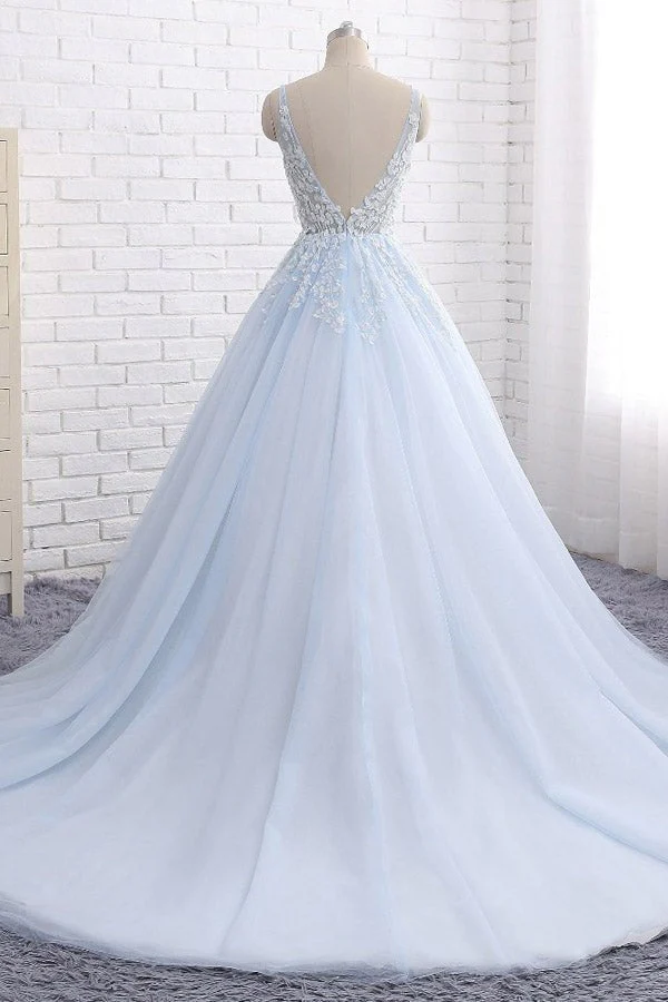 Quinceanera Dress Ball Gown Chapel Train V Neck Appliques Prom Dresses