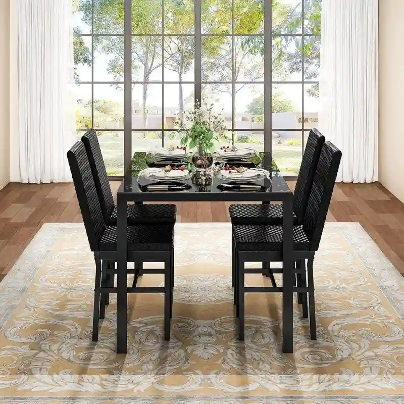 Modern Dining Room Table with Tempered Glass Tabletop and Diamond Stitching PU Leather Chairs