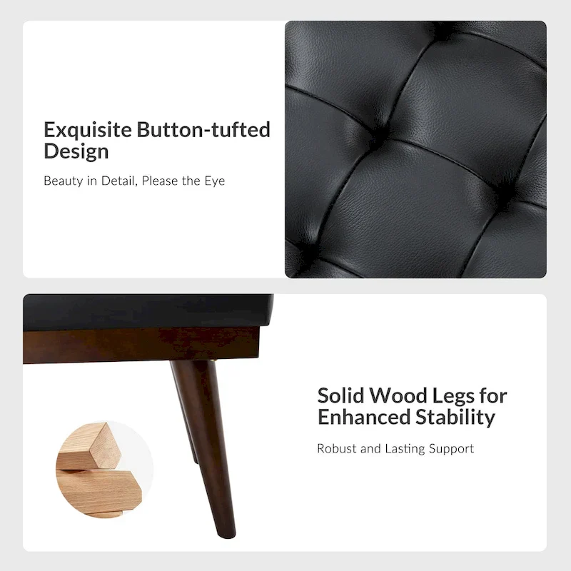 Genuine Leather Tufted Bench with Solid Wood Base