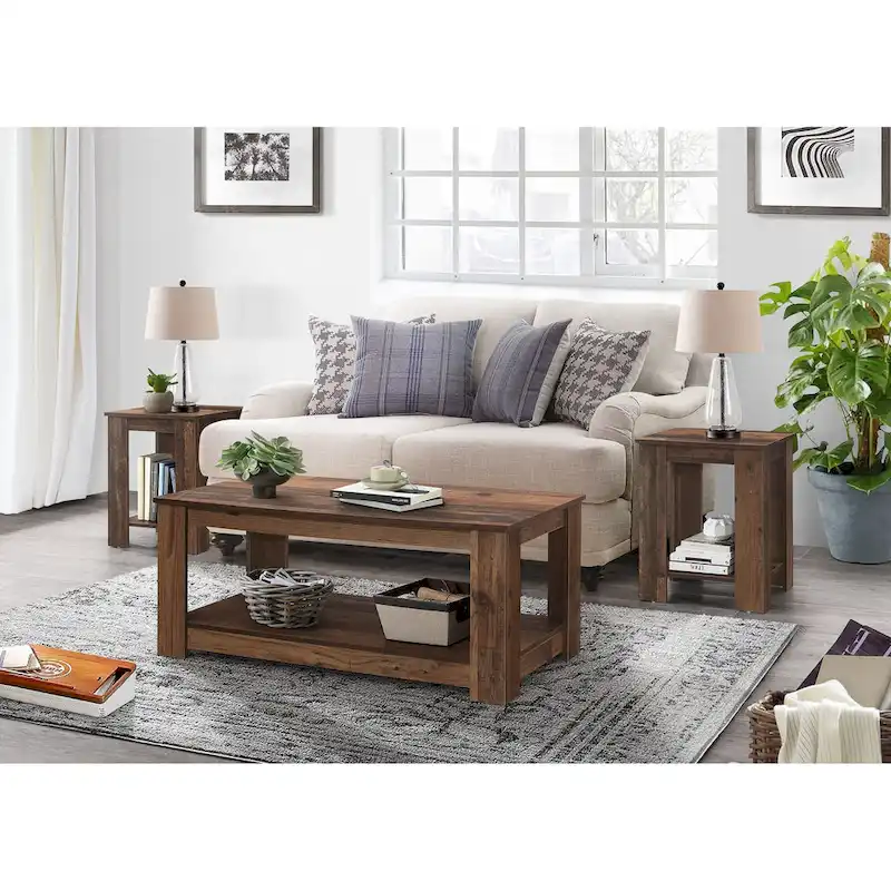 Modern Coffee Table with End Tables - Brown Wood Finish
