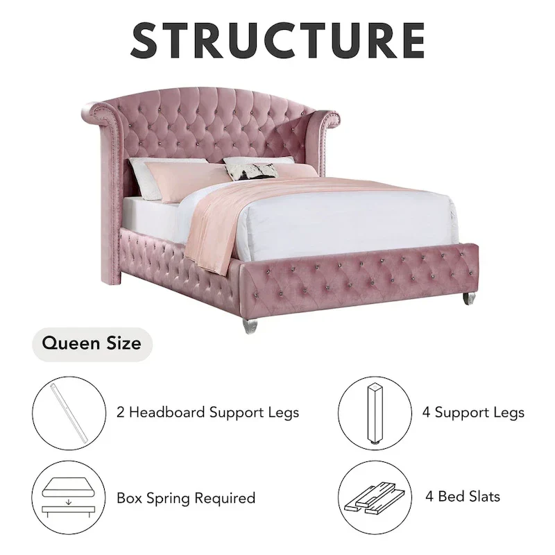 Pink Tufted Wingback Bed with Nailhead Trim