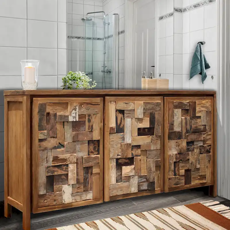 Recycled Teak Wood Bathroom Linen Cabinet with 3 Doors – Eco-Friendly, 71W x 33H, Handcrafted