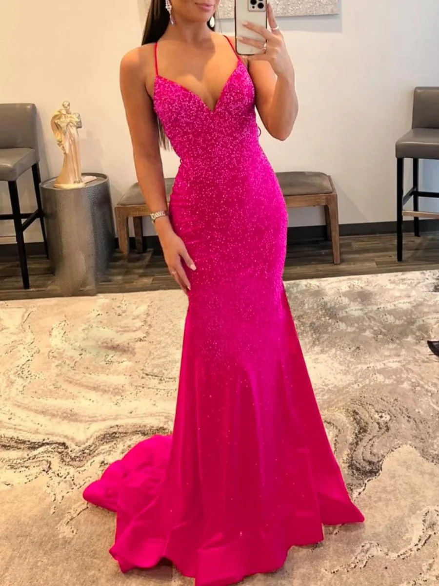 Mermaid V Neck Glitter Satin Prom Dress