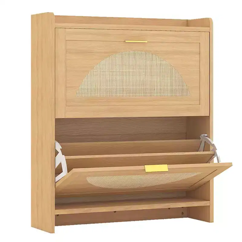 2 Flip Drawers Wood Shoe Storage Cabinet, Shoe Cabinet Freestanding with Rattan Doors & Adjustable Shelves for Entryway, Closet, Hallway