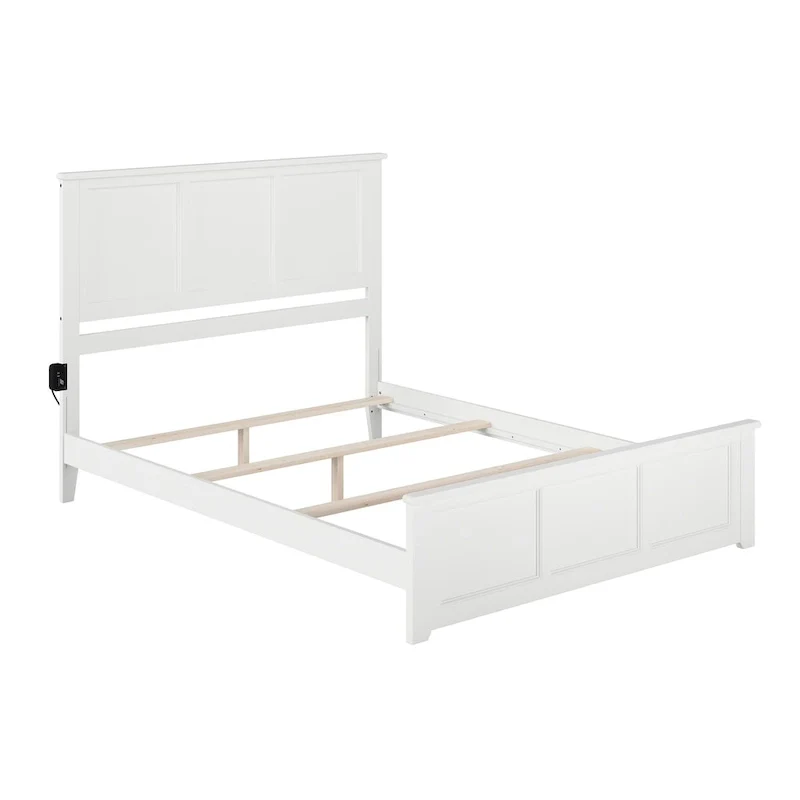 Solid Wood Foundation Bed Frame with Matching Footboard & USB Charging – White, Queen, Sleeps 2