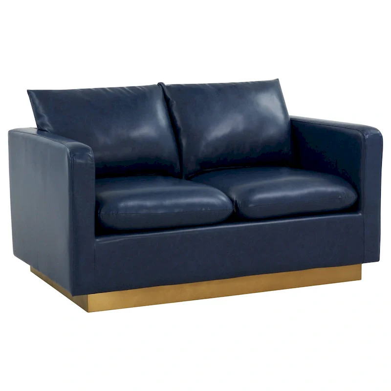 LeisureMod Nervo Modern Leather Loveseat With Gold Base & Cushions - 55.9
