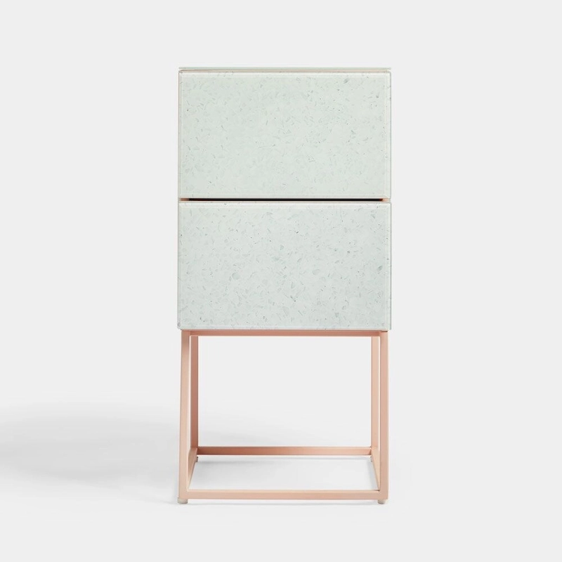 Tempered Glass Marble Stone Double Drawer Nightstand Bedside Table for Bedroom, Living Room