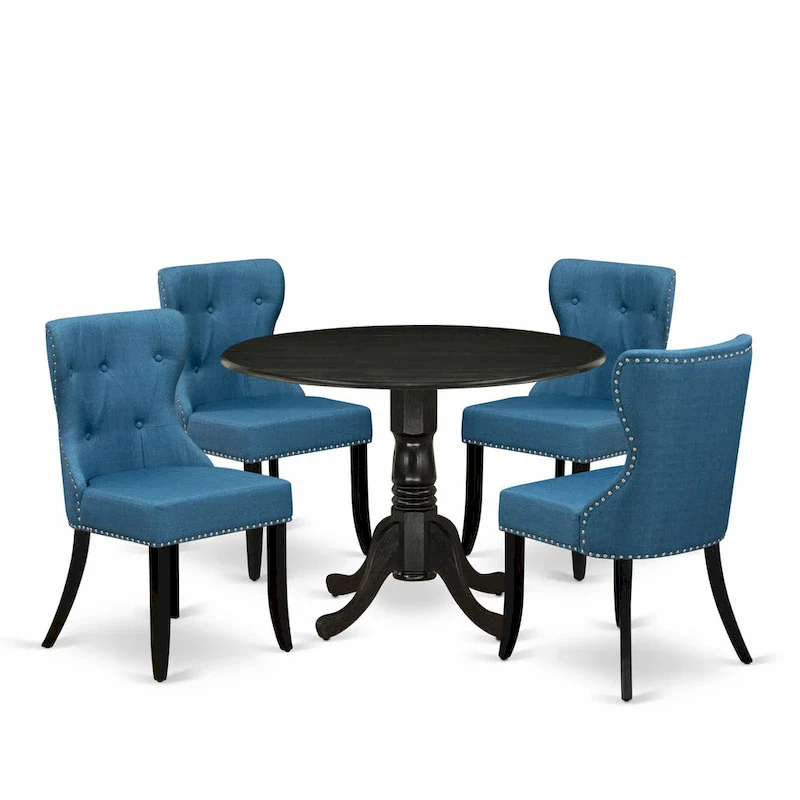 Round Dining Table Set with Blue Linen Fabric Chairs - Wire Brushed Black