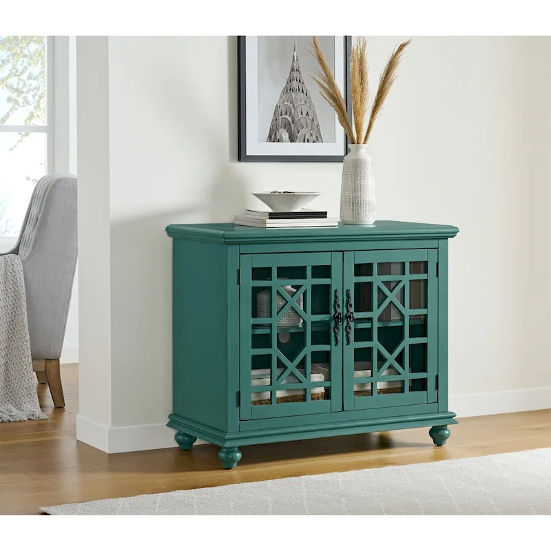 Antique Silver / Cream White / Teal-green / Black / Catalina Blue / Blue-walnut / White-grey / Grey Traditional TV Stand with Trellis Glass Doors - Single Use