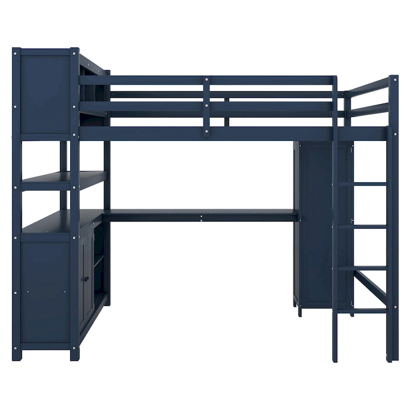 Wood Loft Bed with Cabinet and Bookshelf, Full Size Loft with Wardrobe and Desk for Kids