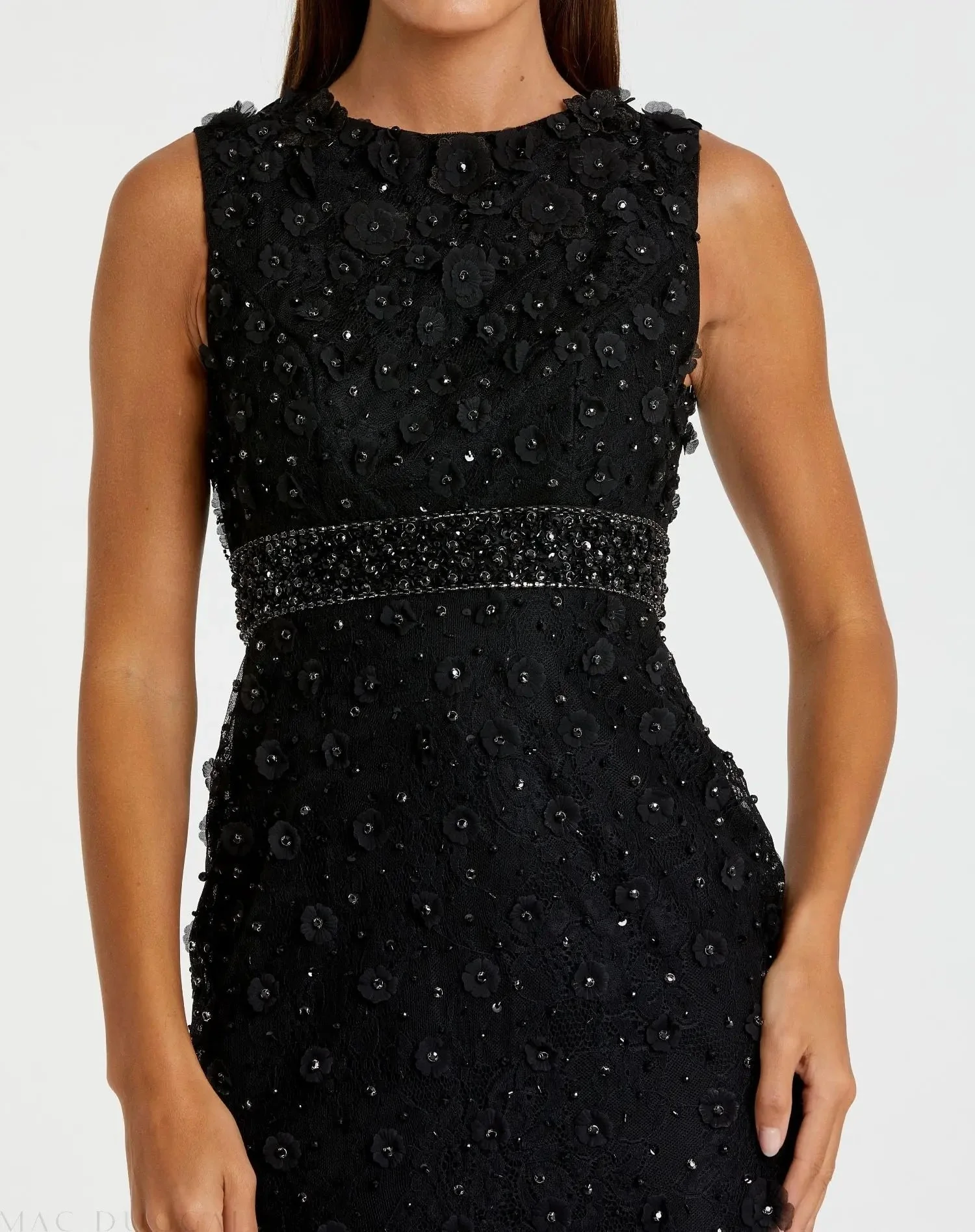 Black Floral Applique Sleeveless Midi Dress