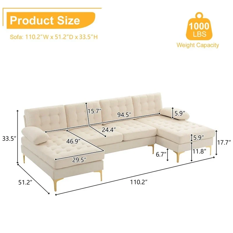 U-shaped Soft-Covered Armrest Backrest Seat Sectional Sofa Beige