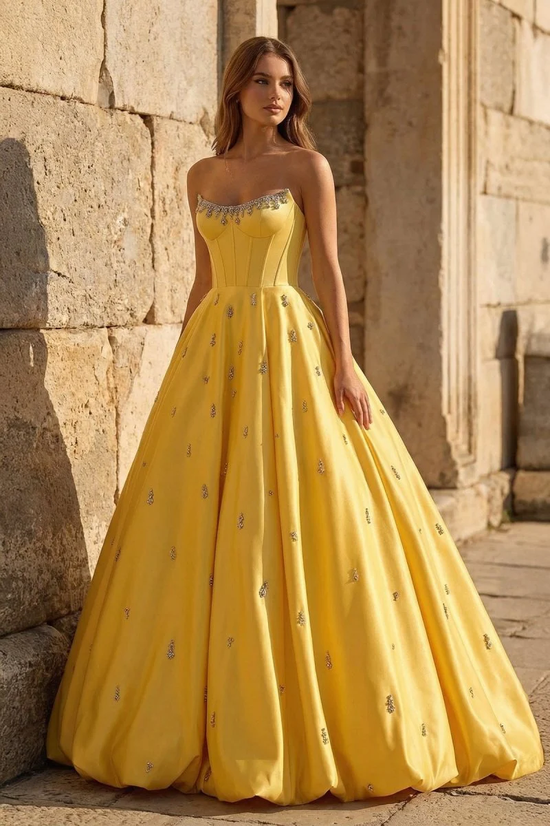 Yellow Strapless A Line Satin Long Prom Dresses With Beading