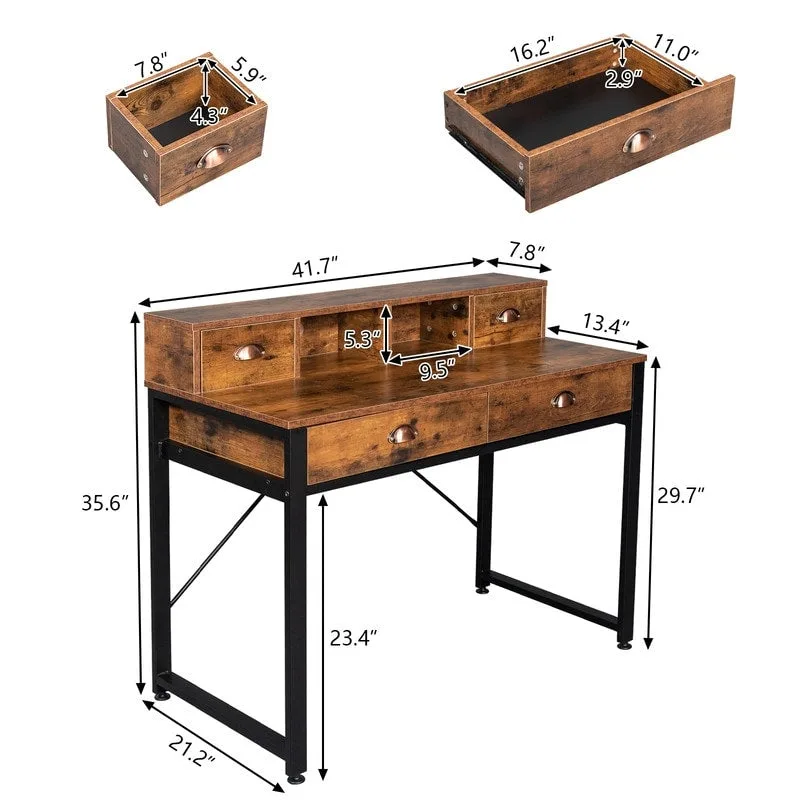 Black Steel Frame Particle Board 4 Drawers Computer Desk