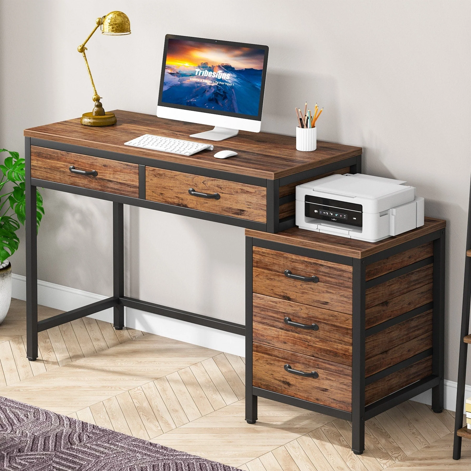 Reversible Computer Desk with 5 Drawers, Home Office Desk with File Cabinet Drawer Printer Stand