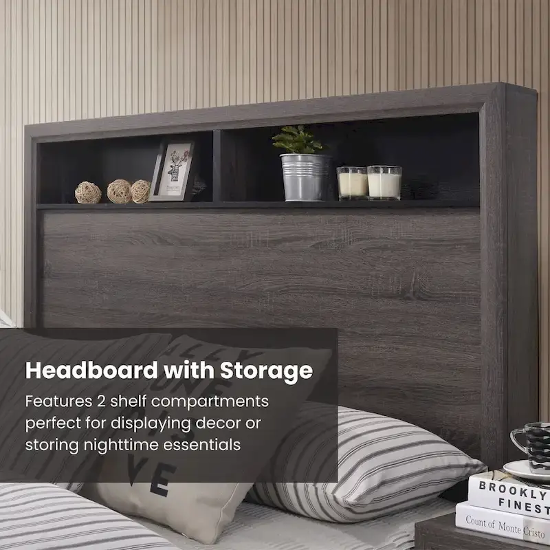 Furniture of America Rothwell Grey Wood Bed with Bookcase Headboard