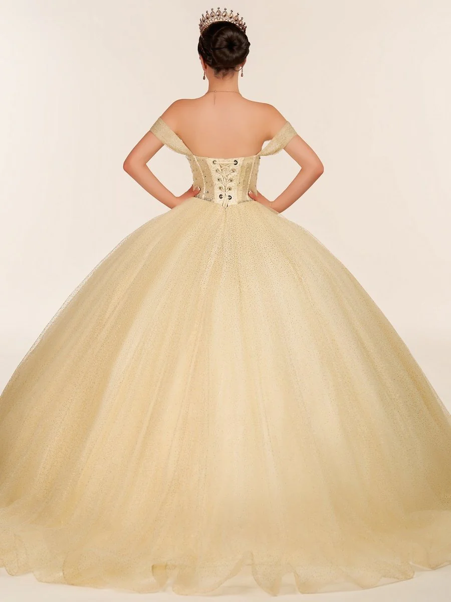 Yellow Ball Gown Tulle Off-the-Shoulder Quincenara Dresses