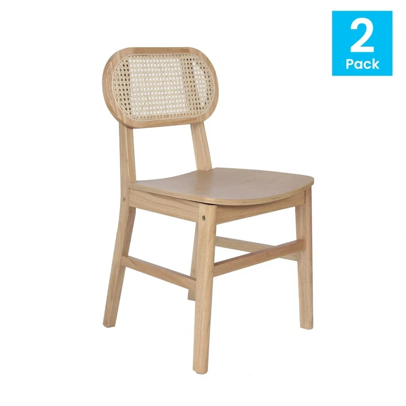 Woven Back Wood Framed Cane Rattan Chairs with Wood Seats - 2 Pack