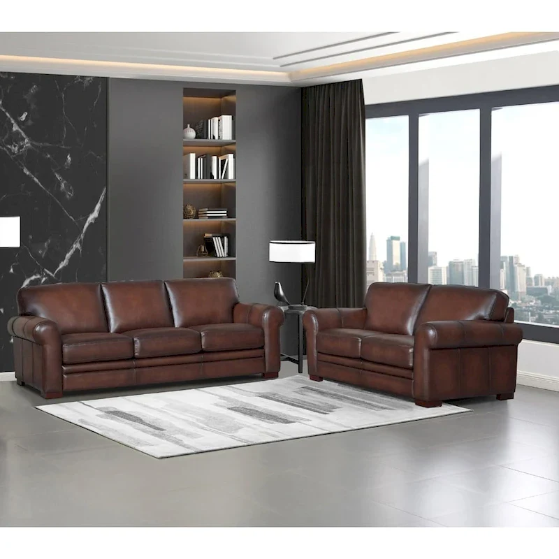 Brown Top Grain Leather Sofa with Track Arms