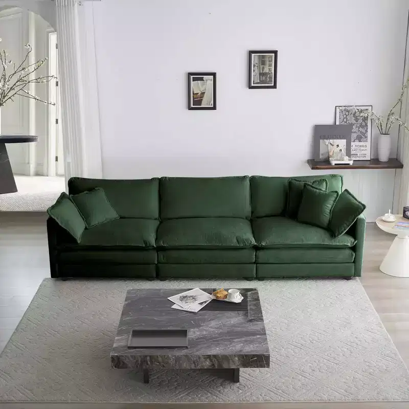 MAYEERTY U Shaped Sectional Chenille Sofa with Footrest 5 Seater Convertible Corner Couch with 2 Ottoman for Living Room Green