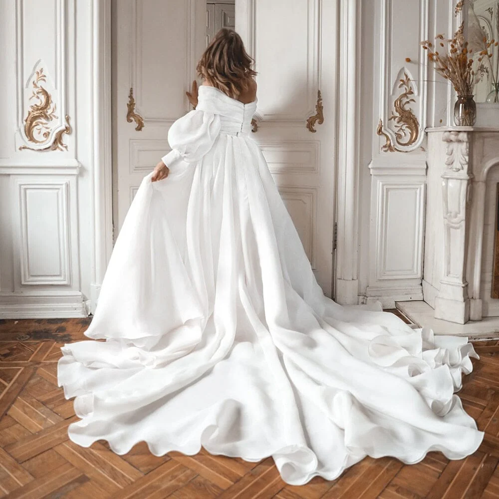 A-Line Off the Shoulder White Wedding Dress with Slit