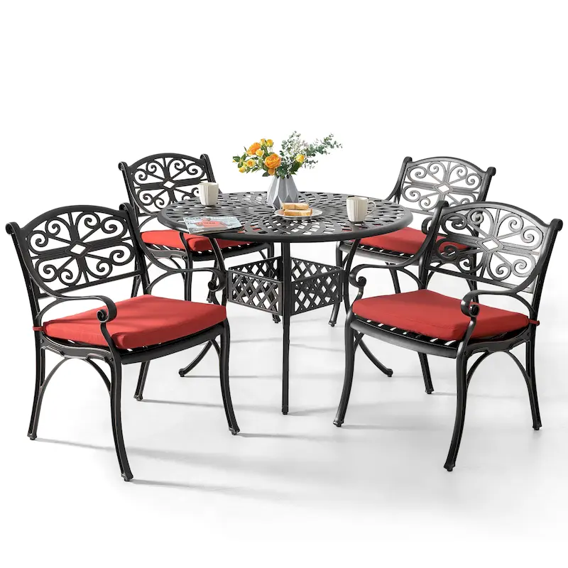 Patio 5 Pieces Cast Aluminum Dining Set with Umbrella Hole and Cushions