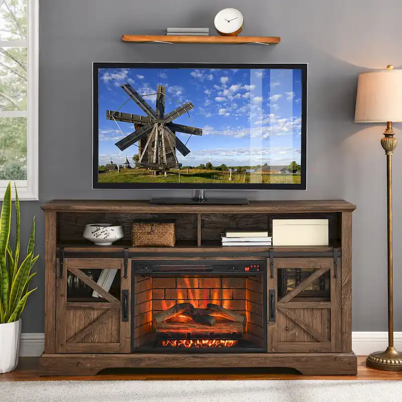 60-Inch Electric Fireplace TV Stand, Farmhouse Style, Fits TVs up to 70 in, Infrared Remote, 1500W Heat, Resin Log Flame Effect, MDF, Reclaimed Barnwood, 1-Person Use