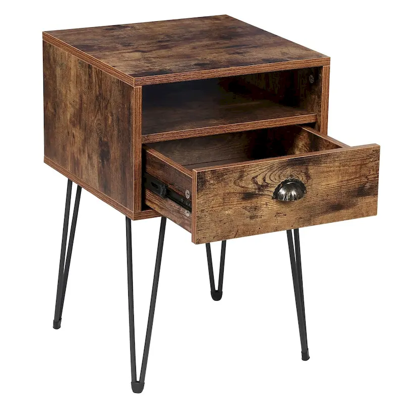 Modern Mid Century 1-Drawer Hairpin Nightstands, Brown/Blue/Black/Yellow, Four Options